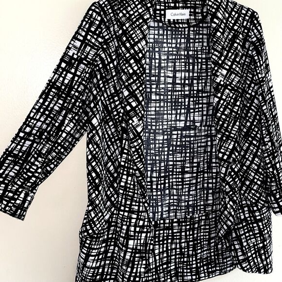 Calvin Klein Blazer Jacket Size 14 Women Open Front Black White Check 3/4 Sleeve - Picture 2 of 10